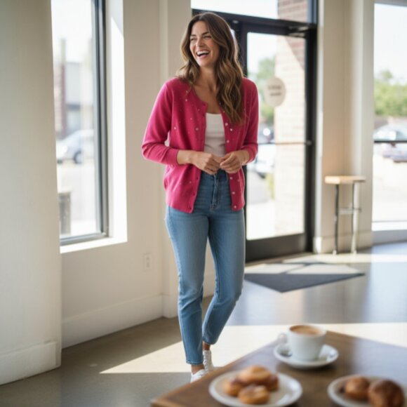 KATE SPADE New York City Live Colorfully Hot Pink Rhinestone sweater cardigan M - Picture 1 of 12